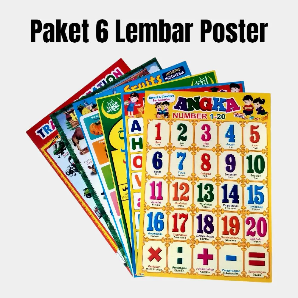 Paket 6 Poster Edukasi, Angka 1-20, Hurup Lepas, Hurup Hijaiyah, Tranfortasi, Hewan, Buah