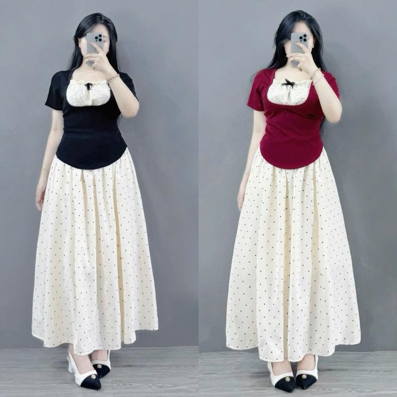 Sét nàng thơ bigsize nữ áo kèm váy xoè A hoạ tiết chấm bi xinh xắn cho nữ , sét kiểu nữ bigsize 55-95kg Đậu bigsize