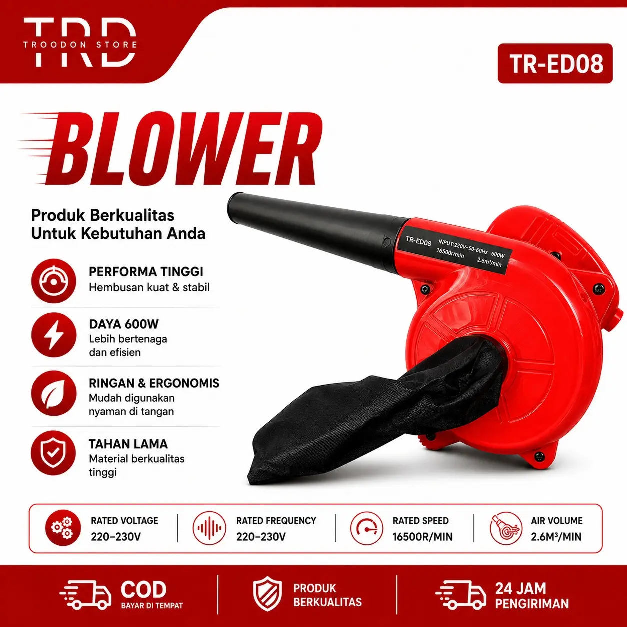 TROODON Blower Keong 2 Inch 700W TR-ED08 Blower Listrik Hisap Tiup Debu Air Blower Pembersih Debu Lengkap Kantong Debu