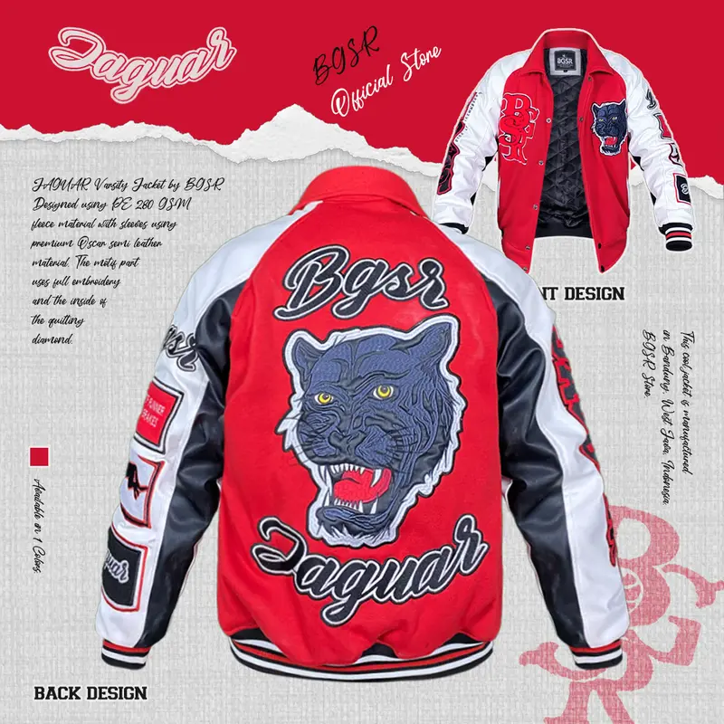 Jaket Varsity Baseball Jacket Vintage Windbreaker Bordir Tebal Jaguar Premium BGSR Terbaru Pria Wanita Bomber Distro Casual Cowok Keren Fleece Sweater Hitam 0