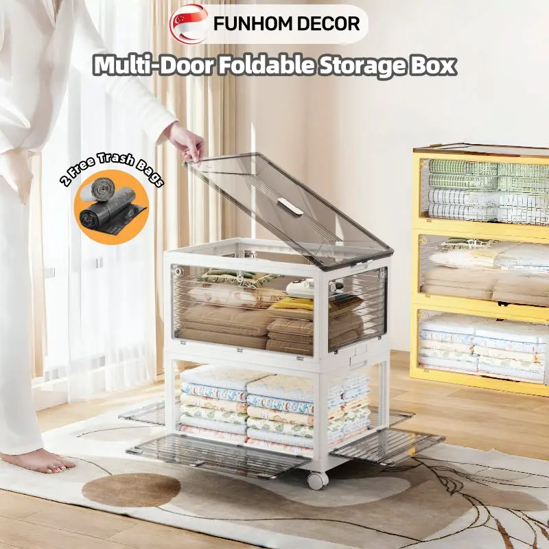 [SG Stock]Foldable Storage Box With Wheels Multi-Functional Stackable Storage Cabinet Wardrobe Organizer 5 Sides Open