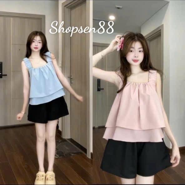 Bộ ngủ nữ quần đùi áo dây bản phối quần màu đen freesize từ 40-60ki-vải lụa mịn mỏng nhẹ