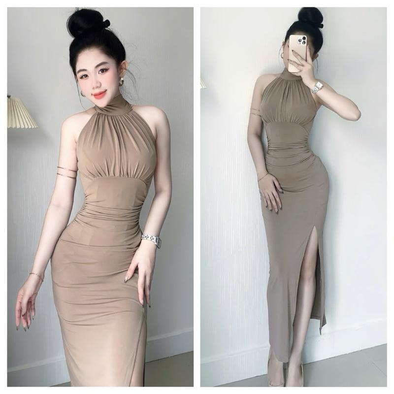  Váy nữ xinh đầm nữ dự tiệc 402 cổ yếm xếp ly xẻ tà tôn dáng sang chảnh che khuyết điểm vải ladong freesize Nữ 