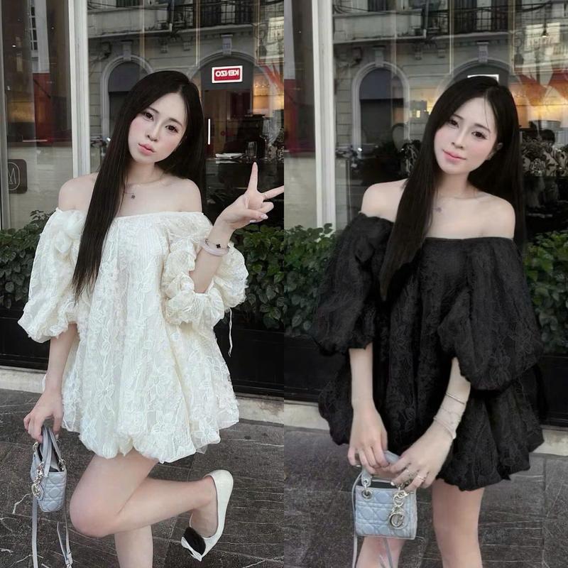BIGSIZE HIẾU HIẾU (55-95KG) - Váy ren hoa trễ vai tay lửng dáng bí có kèm quần đùi D515