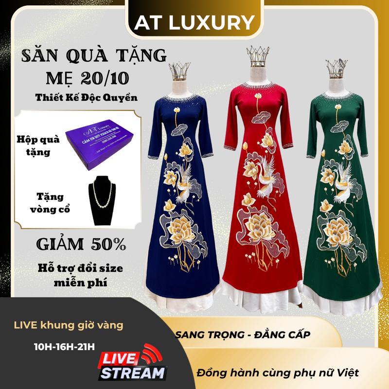Áo dài thêu hoa sen chât liệu vải lụa mango cổ tròn đính kết đá và pha lê Dress Kem