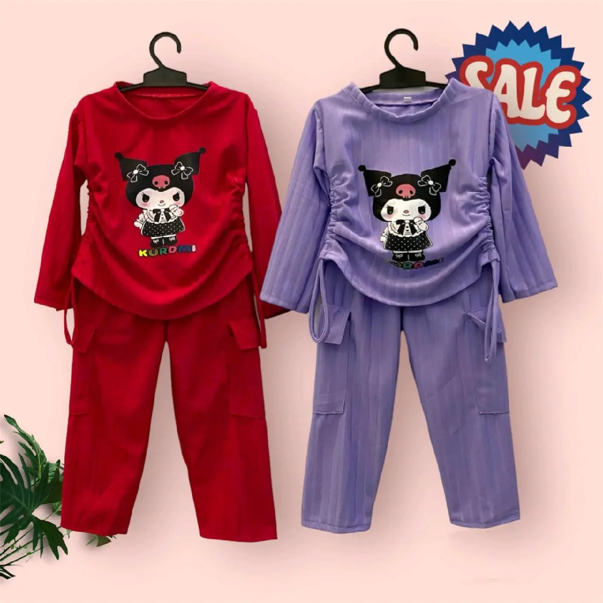 setelan cargo anak perempuan kuromi serut usia 2-11 thn Parsel Twill Travel Woven Yarn Dyed Fabric Pas Fitted Pink hornet size m (1-2th) set kado