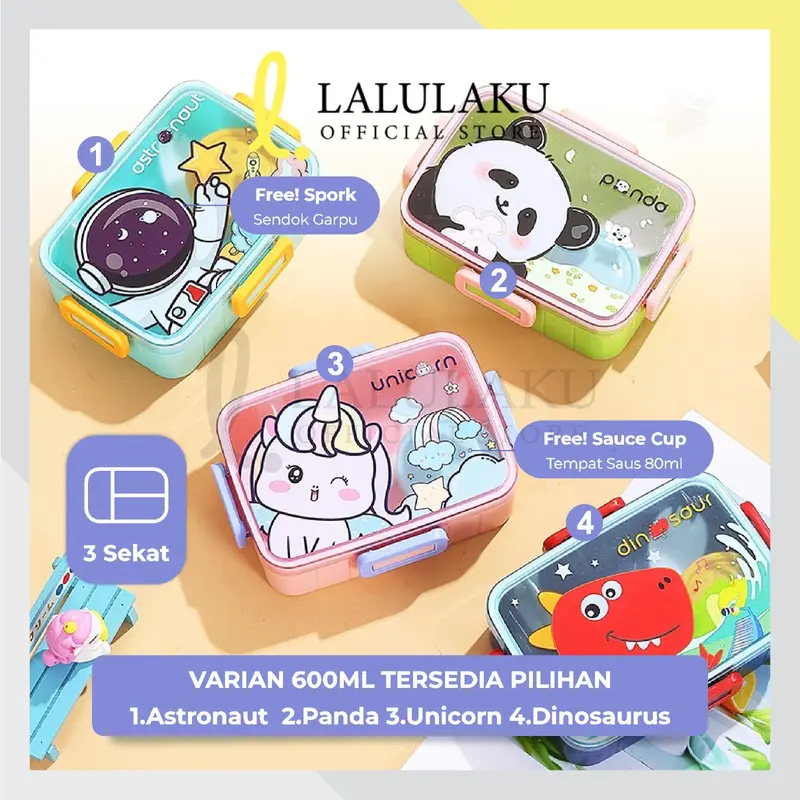 Lunch Box Anak TK SD Paud Kotak Bekal Karakter Unicorn Dino Panda Astronot 600ML 1200ML 2