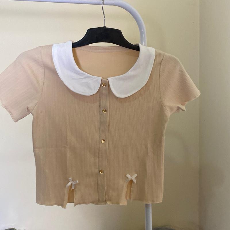 Aster croptop kerah collar kancing variasi pita aktif Nyaman Casual Atasan Pendek Wanita kerah bulat formal katun slit kancing gold Fit 4