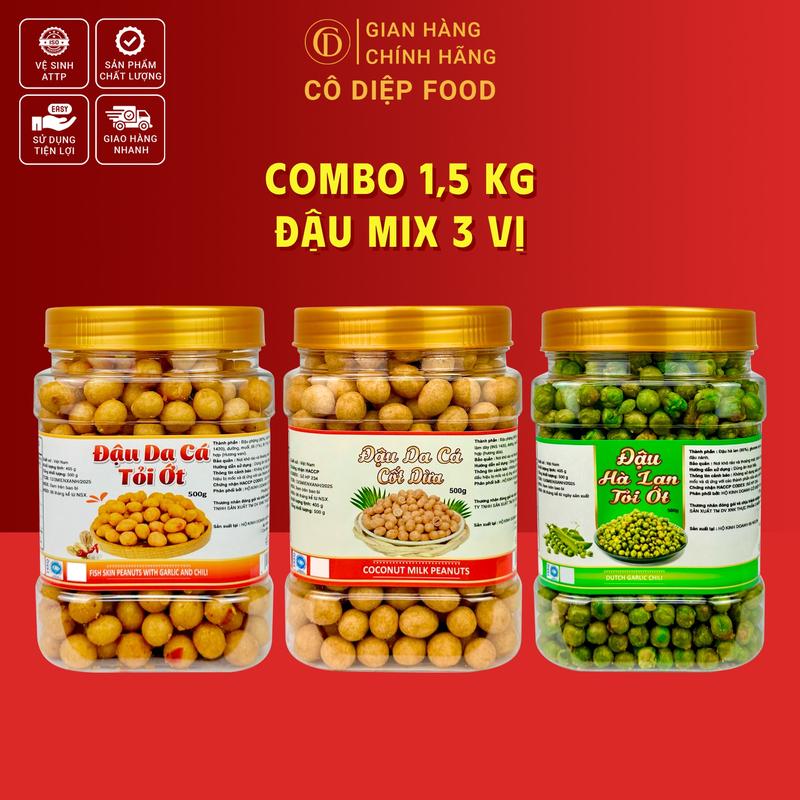 1.5KG Đậu Mix 3 Vị [500G Da Cá Tỏi Ớt + 500G Đậu Phộng Cốt Dừa+ 500G Đậu Hà Lan Tỏi Ớt] (Đầy Đủ Hồ Sơ Công Bố & Kiểm Nghiệm Sản Phẩm)