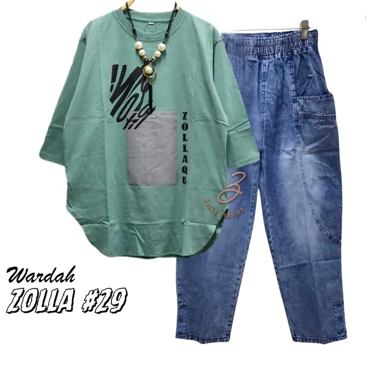 Zolla #29 Setelan wanita ukuran Jumbo Kaos Combed 24s Sablon plastisol Celana Jeans Wash HQ Bisa COD 5