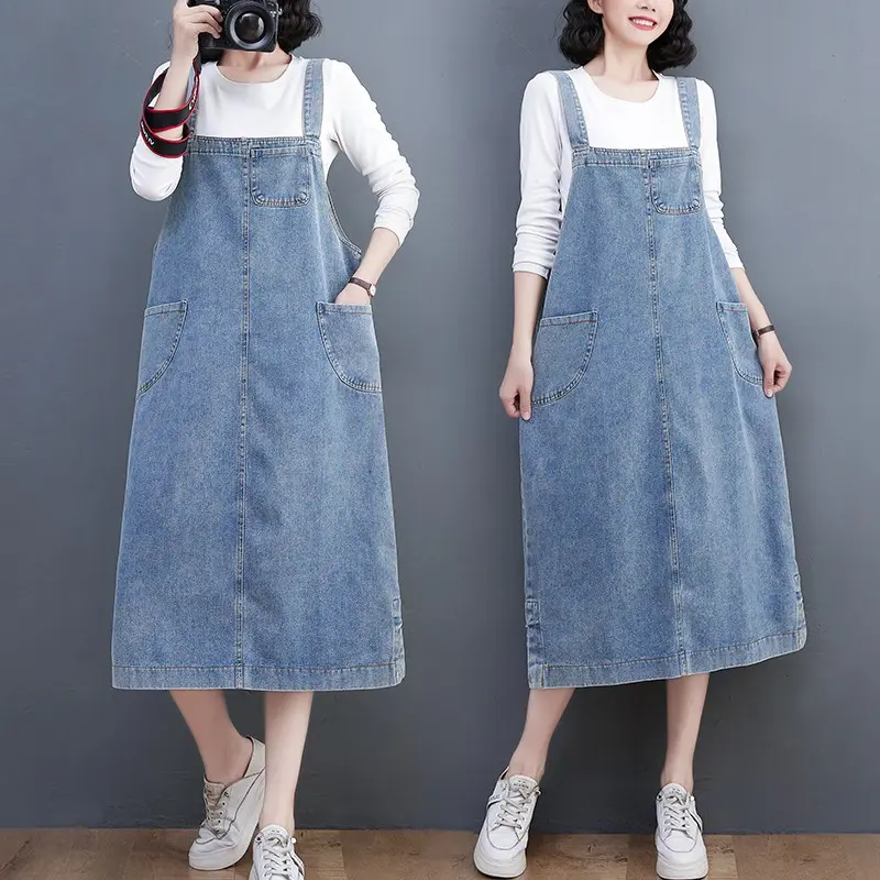 | kekinian factory | (Ready stok!!!) Overall dress jeans wanita biru loose korean style big size dress straight jumbo overall denim ripped dress korea cewek