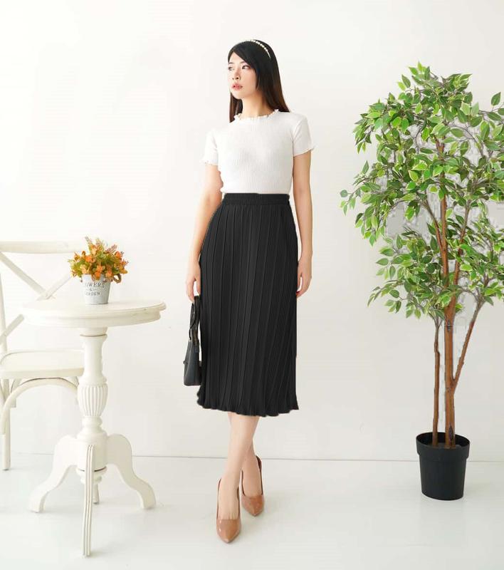 NHM Rok Midi Plisket Lebar Shiny Hyget Premium Dewasa Karet Nyaman Wanita Bawahan Pendek Santai 2