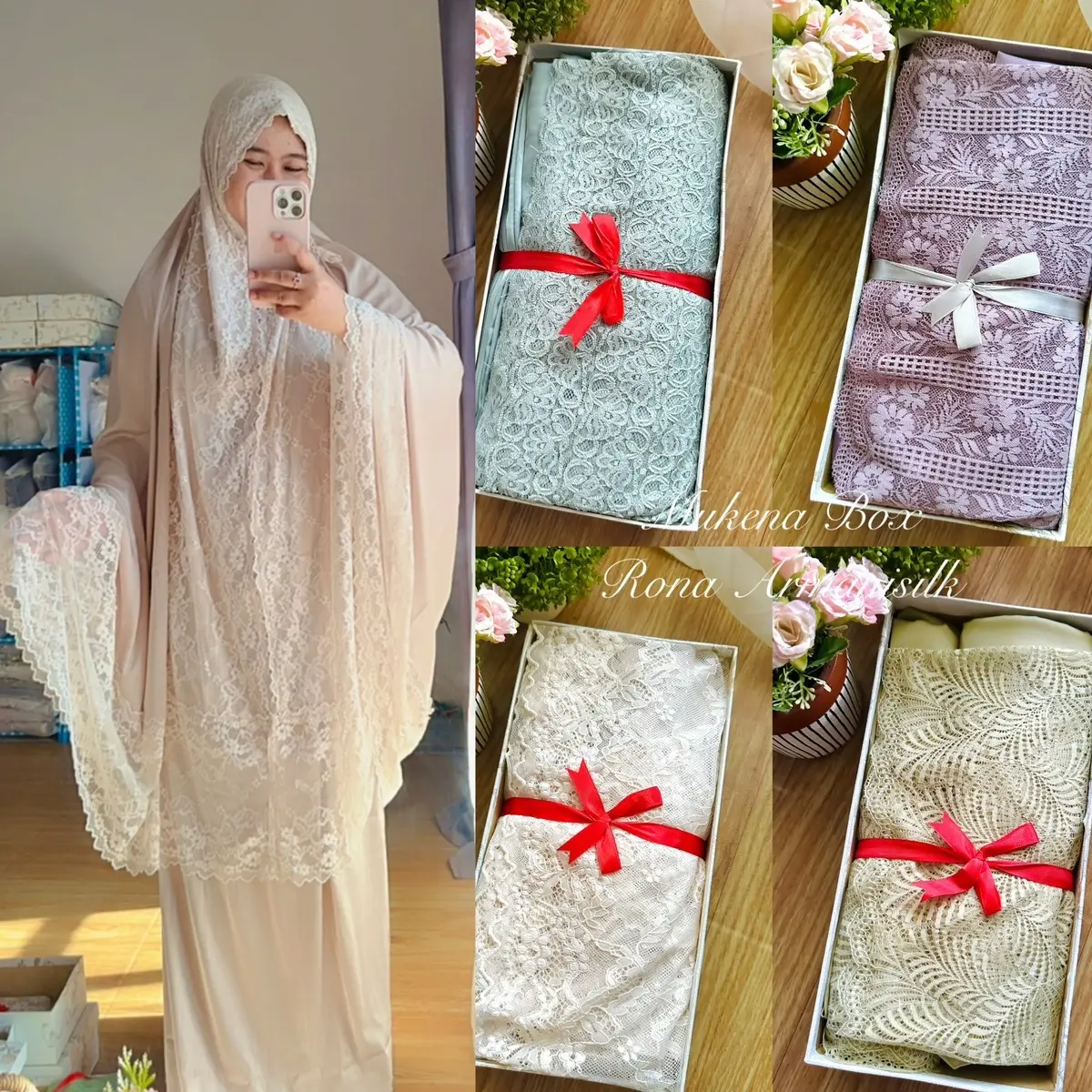 MUKENA BOX PREMIUM RONA ARMANISILK FREE TASBIH DAN BUKU DZIKIR COCOK UNTUK HAMPERS Lembut Muslim Nyaman Pouch Renda Dewasa Sajadah