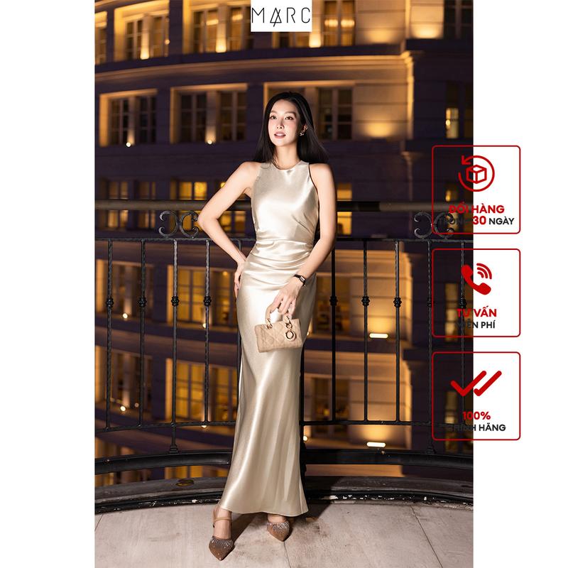  MARC FASHION - Đầm maxi lụa cổ tròn nhún eo CBDD112501 