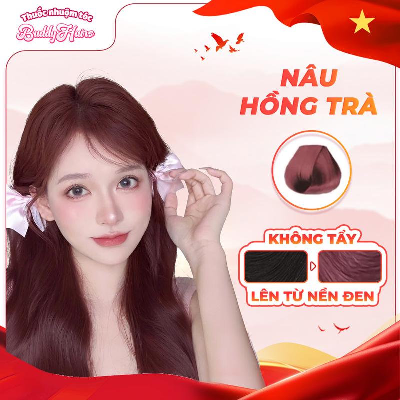 Thuốc nhuộm tóc NÂU HỒNG TRÀ không cần dùng tẩy tóc buddyhairs tặng kèm găng tay tiện lợi