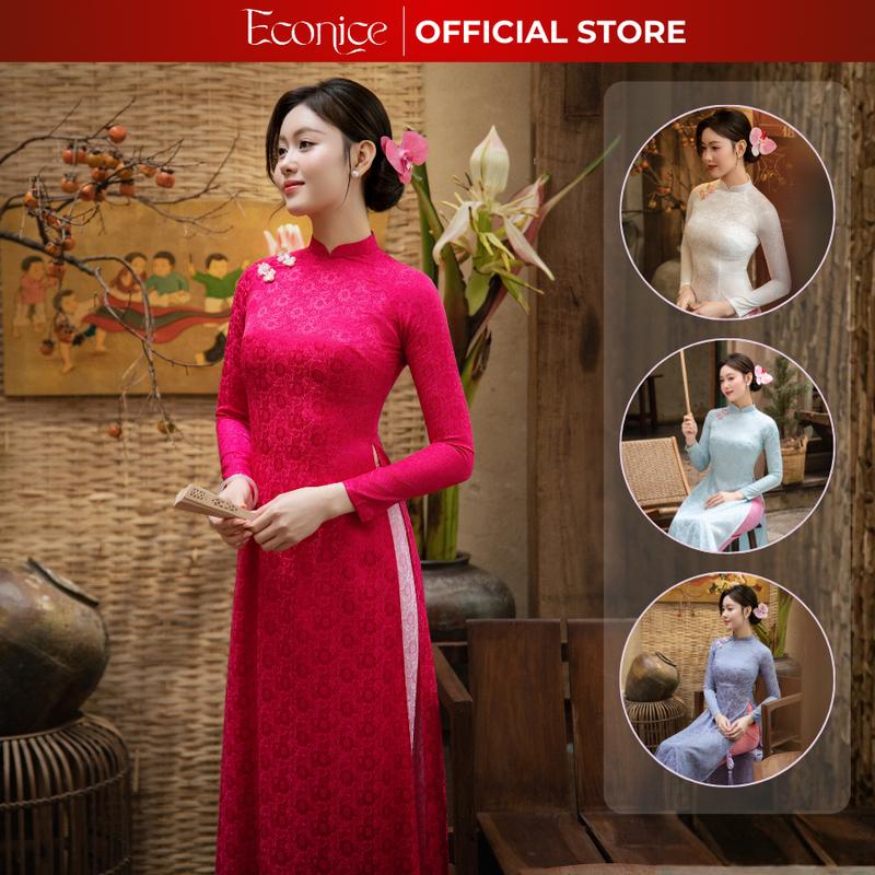 Áo dài nữ truyền thống hoạ tiết thêu hoa sen mặc các dịp lễ tết truyền thống Econice 25