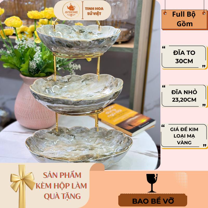  Khay Đựng Bánh Kẹo Hoa quả Sứ Vân Đá cao cấp 3 Tầng   Đĩa Oval   