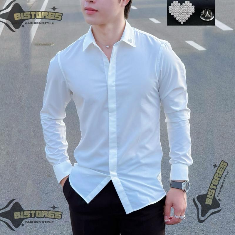 BISTORES Áo Sơ Mi Lụa Trắng Và Đen Phối Hoạ Tiết Cổ Trái Tim Nam Menswear Ong Shirt Kem Chất Liệu Cotton Lụa Thoáng Mát Phù Hợp Nhiều Hoàn Cảnh