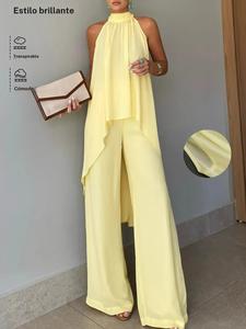 Conjunto de mujer sin mangas para verano: top y pantalón largo, diseño ajustado con espalda descubierta, estilo sencillo y sexy, dos piezas para primavera y otoño