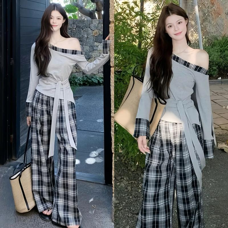 Set Bộ Thiết Kế EMME T3195 2 Món Gồm Áo Thun Trễ Vai 1 Bên Phối Caro Cột Dây Trước Sau Mix Quần Nửa Lưng Bản Nửa Chun Dáng Suông Dài Cách Điệu - THANH TỰ