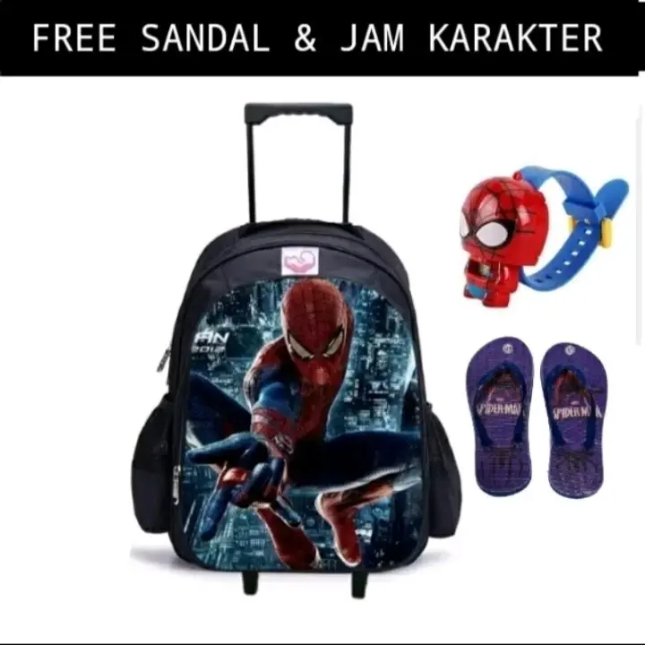 COD/ Paket Hemat 3in1 Tas Ransel Troli Anak Laki-laki/Ransel Troly Superhero Free Jam Tangan Dan Sandal spon 2