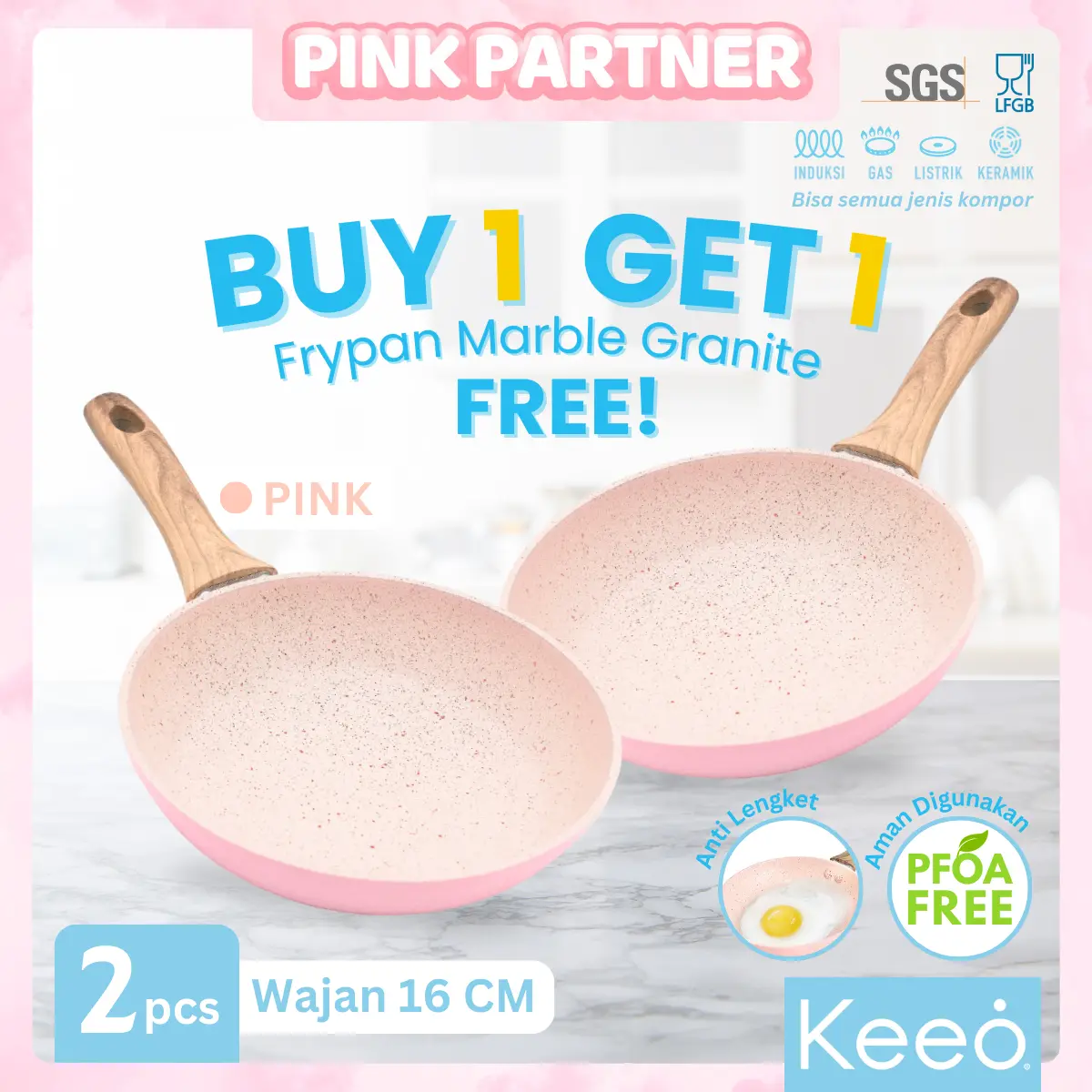 Keeo 16 cm Paket Wajan Teflon Penggorengan Frypan Anti Lengket Marble Granit Pink dan Pink