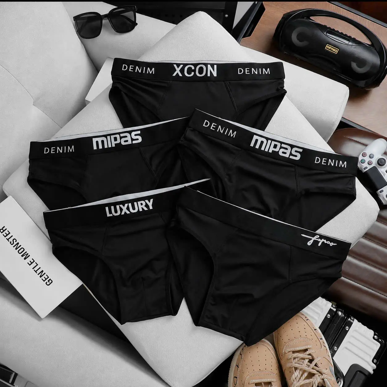 Combo 5 Quần Sịp Nam (CÓ SIZE 22-105KG) Menswear tam giác màu đen kháng khuẩn co giãn 4 chiều, Quần Lót Nam cao cấp 5 mẫu full đen vải thun lạnh mã T01 (Che tên khi giao hàng) Quần Boxer Xì nam