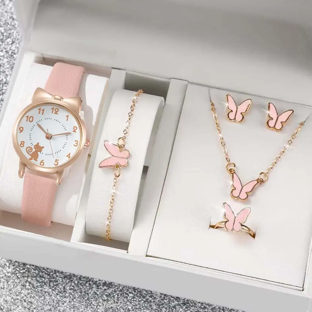 5PCS Jam Tangan Kuarsa Wanita Lucu Telinga Kucing Penunjuk Dial PU Tali Kulit Jam Tangan Perhiasan Kupu-Kupu Gratis (Tanpa Kotak) Jarum Kaca Quartz Watches