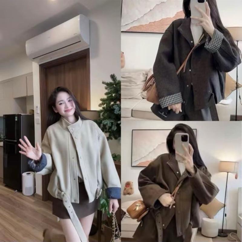   Hàng 2 Lớp  Áo Khoác Dạ 2 Lớp Phối Tay Kẻ Kèm Đai Dày Dặn Phong Cách Hàn Quốc Chất Liệu Thoải Mái Thời Trang Hiện Đại 