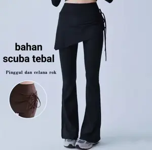 Rok Legging Cutbray Highwaist Olahraga Wanita 2in1 dengan Tali Serut Bahan Scuba Tebal Pinggul dan Celana Rok