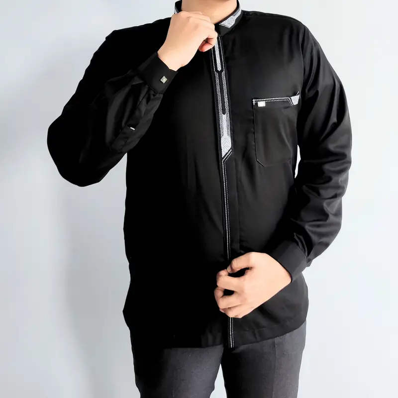 Baju Koko Pria Dewasa Lengan Panjang Manset Hitam Motif Bordir Minimalis M-L-XL-XXL 2
