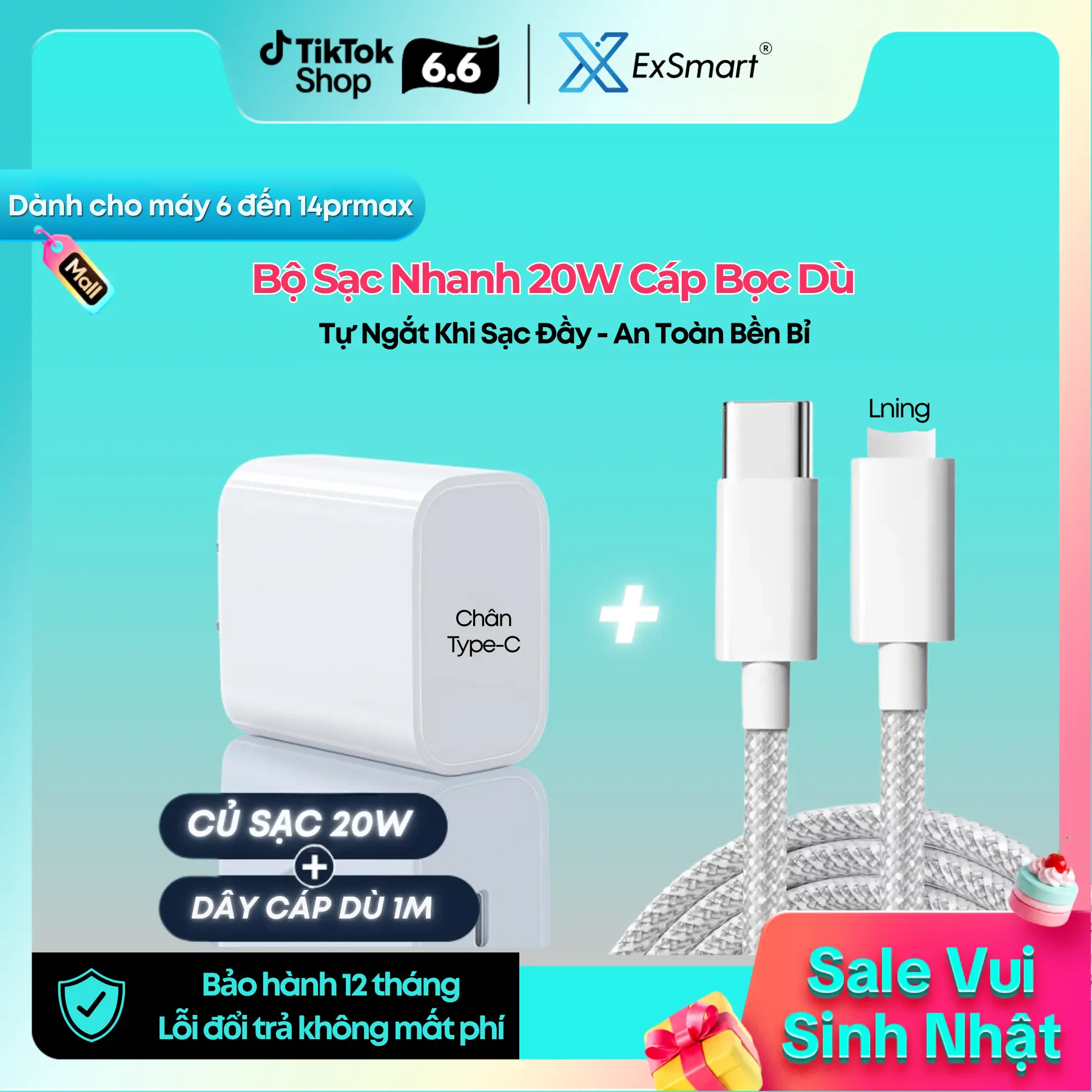ExSmart Bộ Củ Cáp Sạc Nhanh 20w Dành Cho Iphone Cáp Bọc Dù Tự Ngắt Khi Sạc Đầy Chống Gãy Gập Độ Bền Cao Sạc Nhanh Bảo Vệ Pin An Toàn Cho Điện Thoại