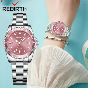【003 Harga telah diganti, cepat beli】REBIRTH Jam Tangan Wanita Bisnis Mode Tali Stainless Steel Otomatis Date Tahan Air Jam Tangan Cewek RE2011