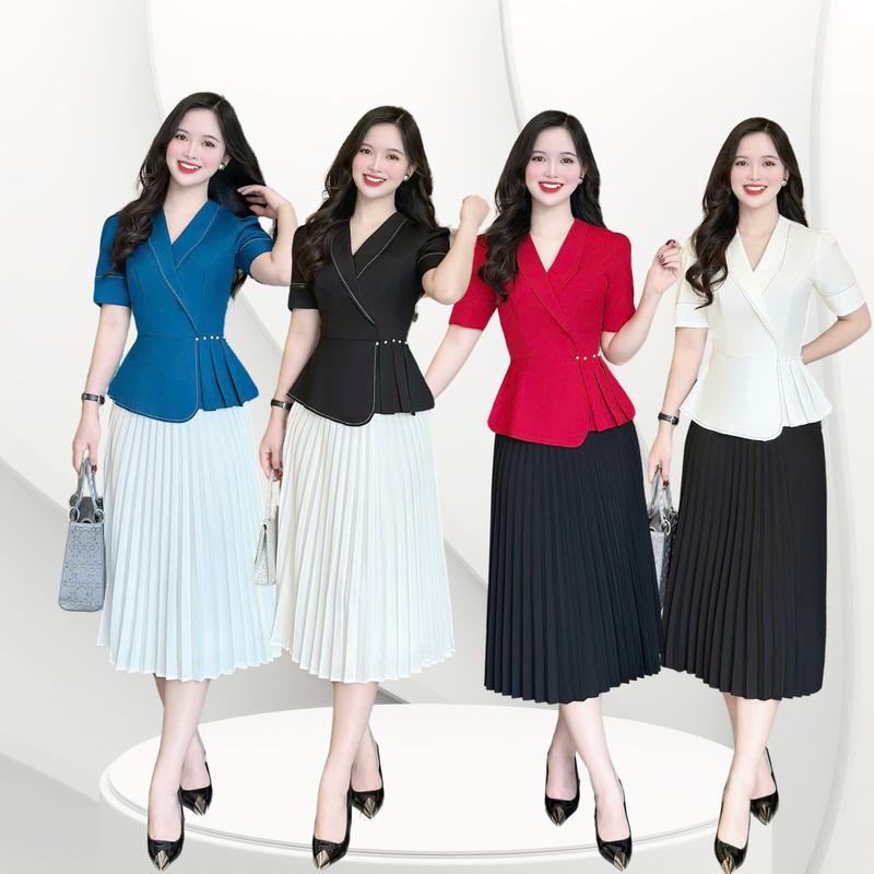 Áo peplum thiết kế Nhật Vy cổ vest tay ngắn chiết eo chất lụa công sở dự tiệc - D3210 0