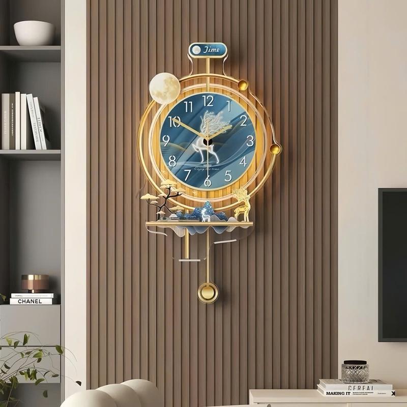 Đồng hồ treo tường trang trí hươu tài lộc, đồng hồ treo tưởng quả lắc thiết kế hiện đại - tặng led