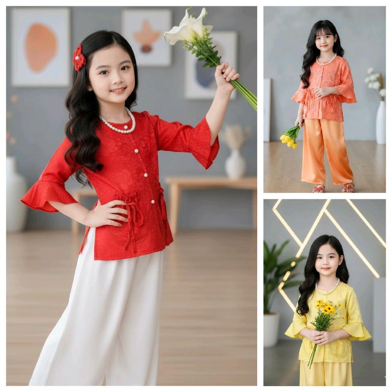    9-43kg  Áo bà ba gấm hoa tay loe kèm quần dài phi bóng mềm mượt mát mẻ ,cao 1,48m trở lại đồ  em bé gái 