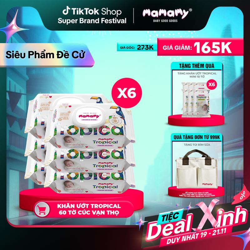   KOC  SBF  MUA 6 TẶNG 6  MUA 6 gói khăn ướt Mamamy Tropical 60 tờ cao cấp chính hãng cho mẹ và bé sợi vải thuần tự nhiên và rayon x2 chất chống hăm bổ sung tinh chất thiên nhiên TẶNG 6 gói khăn ướt Mamamy Tropical mini 10 tờ tinh dầu cúc vạn thọ 