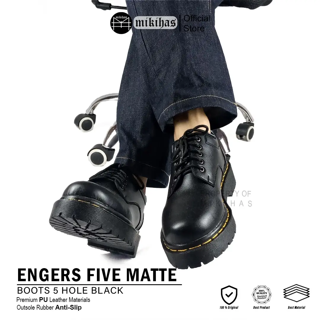 Mikihas Engers Five - Sepatu Hitam Formal Boots Black Kulit Pria oxford Shoes Hitam rubber stylish - Outsol Karet pvn cowok combat  boots - Engers 5 Hole Pantofel