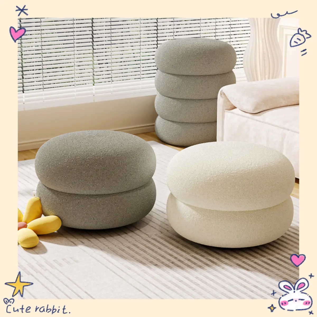 ✨【99% Good Feedback】Fluffy Lamb Stool Living Room Round Ottoman Kids Sofa Low Seat Cute Home Stool Trending Doorstep Pouf Shoes Bench