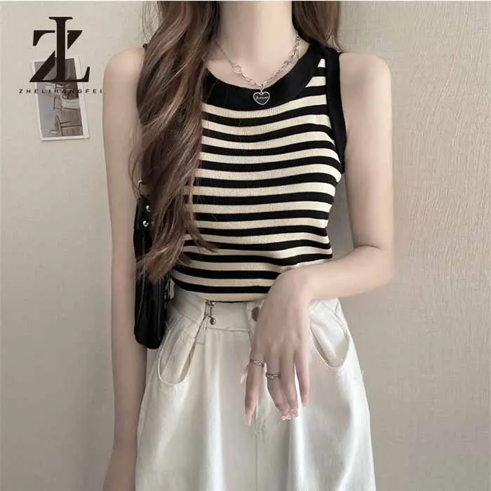 SS24 Áo dệt kim hai dây họa tiết kẻ sọc phong cách cổ điển thời trang mùa hè cho nữ 3