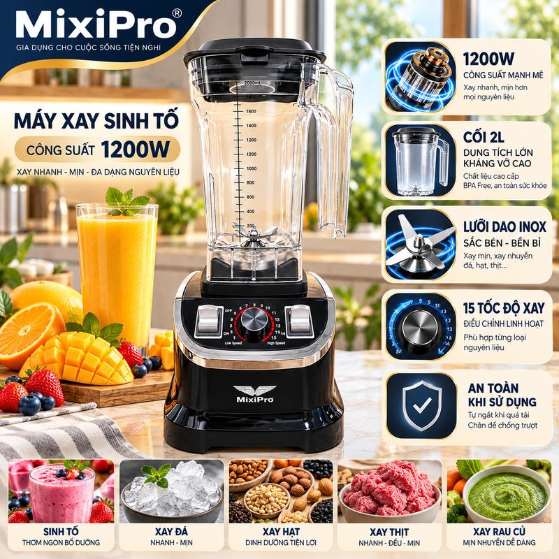 Máy Xay Sinh Tố MIXIPRO 9525 PRO Phiên Bản Mới Công Suất 1200W, Cối Lớn 2 Lít, 15 Tốc Độ, Lưỡi Dao Thép Không Gỉ, Máy Xay Đá Đa Năng