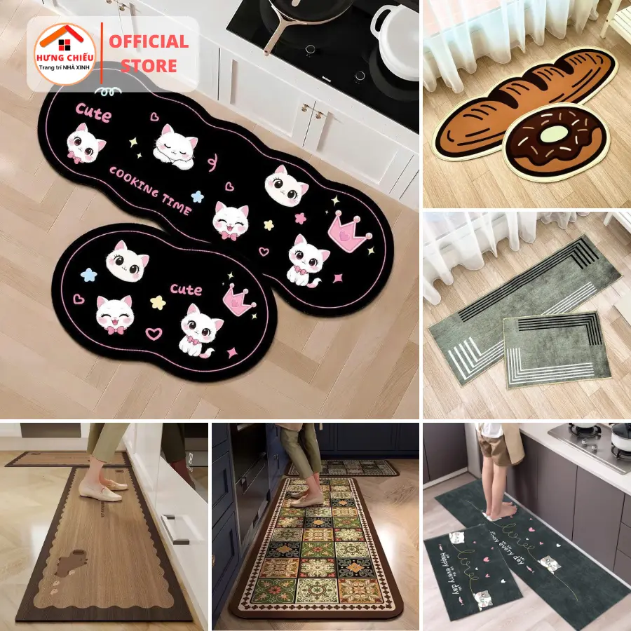 Thảm bếp bộ 2 tấm 40x60 và 40x120cm thấm hút nước chống trơn trượt dễ vệ sinh chất nỉ lì ED02