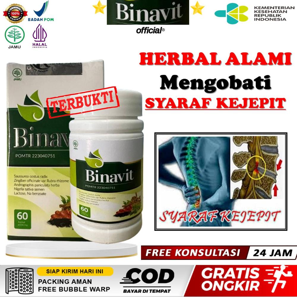 Obat Syaraf Kejepit, Saraf Kejepit, Syaraf Kejepit Pinggang, Syaraf Kejepit Tulang Belakang, Syaraf Kejepit Bokong, Syaraf Kejepit Menahun, Herbal Syaraf Kejepit Paling Ampuh - BINAVIT 60 Kapsul Origi