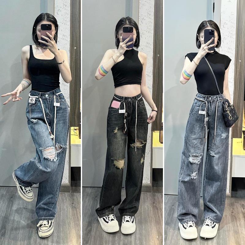 Quần jean ống suông nữ MELINA quần bò rách cạp cao rách gối màu xanh đen ánh rêu size S M L SPG15 quan jean ong rong