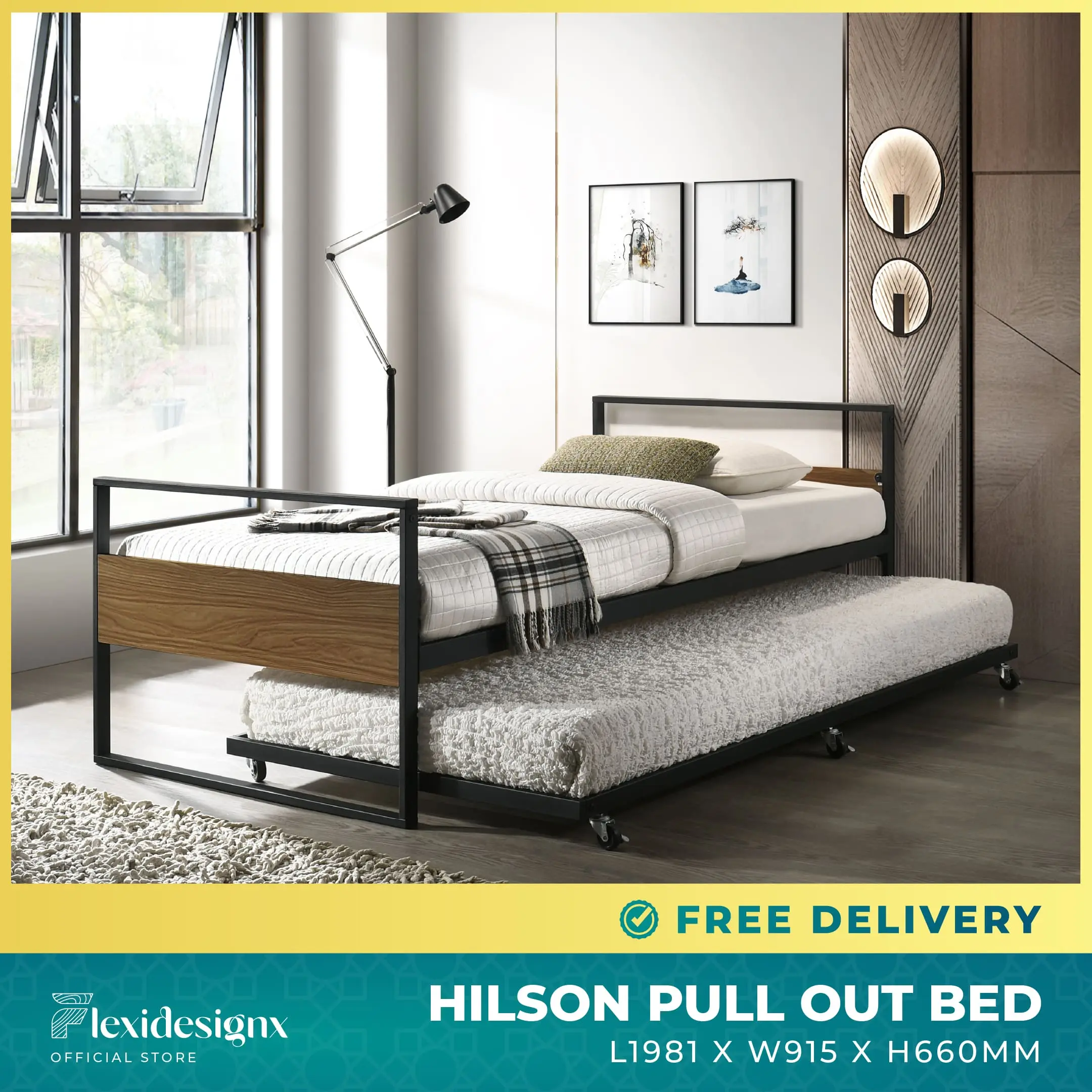 Flexidesignx HILSON Pull Out Bed Single Size with Wheel Up to 8" Mattress - Metal Bed Frame