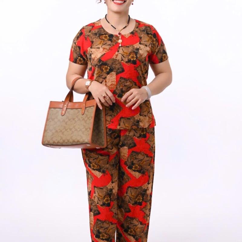 (DÀI TAY NGẮN XXL) đồ bộ LỤA TƠ TẰM in hoa lá  cao cấp BIG SIZE cho mẹ và bà tay ngắn, quần ống rộng, mềm mại , mịn mát Voi Ong Women Nữ dobo Áo Sen Top đobo tang me 7