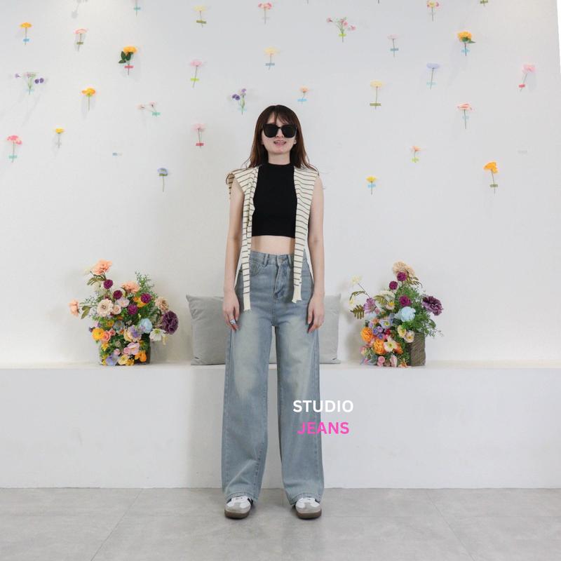 X308 STUDIOJEANS Celana Panjang Wanita High Waist Straight Cut Jeans Demin Cewek Baggy Light Blue Washed Jeans Kekinian 6