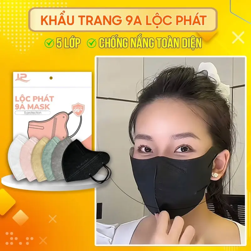 100 chiếc khẩu trang 9A Lộc Phát 5 lớp dày dặn kháng khuẩn, chống nắng, che kín khuôn mặt, form to từ 45-85kg