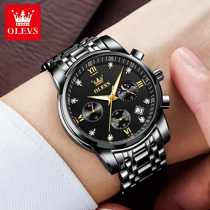 OLEVS men's stainless steel chronograph watch, large face gold silver black tone easy to read analog quartz watch, luxurious waterproof date diamond Roman Arabic numeral dial formal watch 7