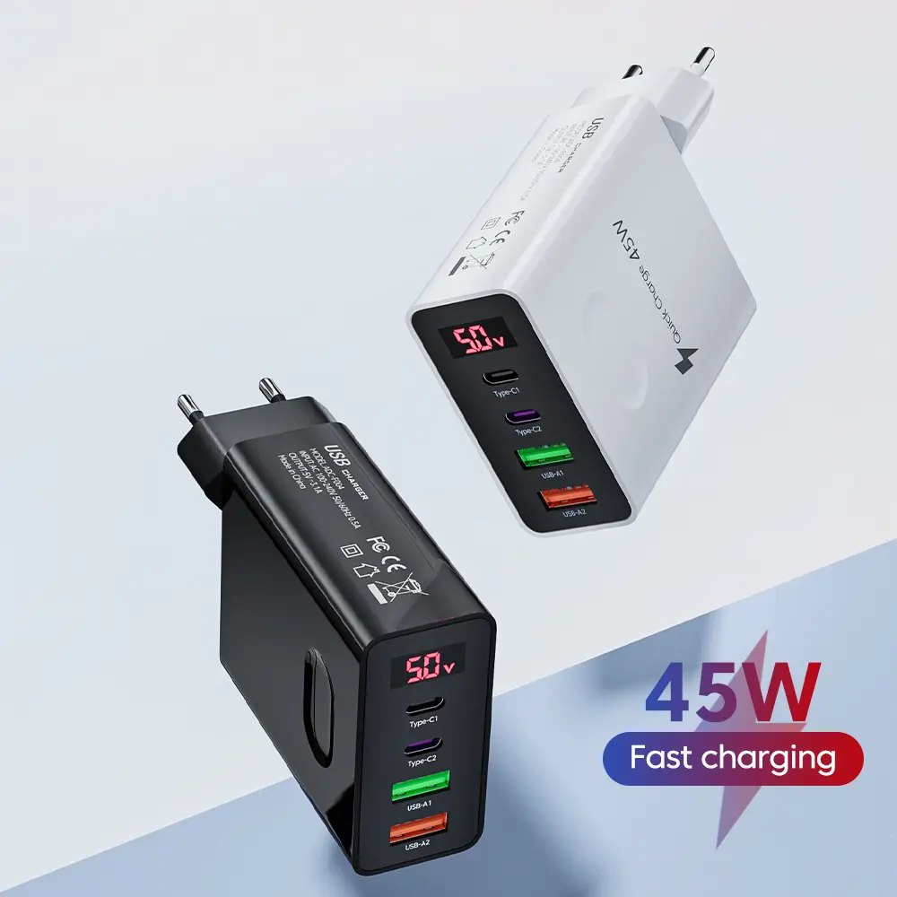 45W USB Charger 4 Ports Type C Fast Charging Phone Charger Adapter For iPhone Samsung Xiaomi Digital Display USB C Wall Charger